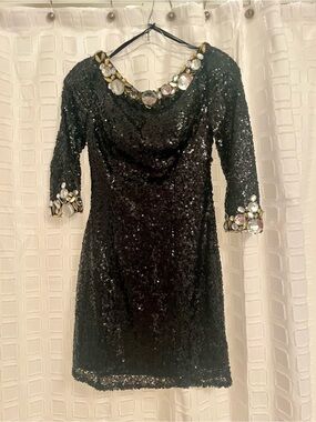 Cocktail Dress Black Backless Sequin with Jewel Trim